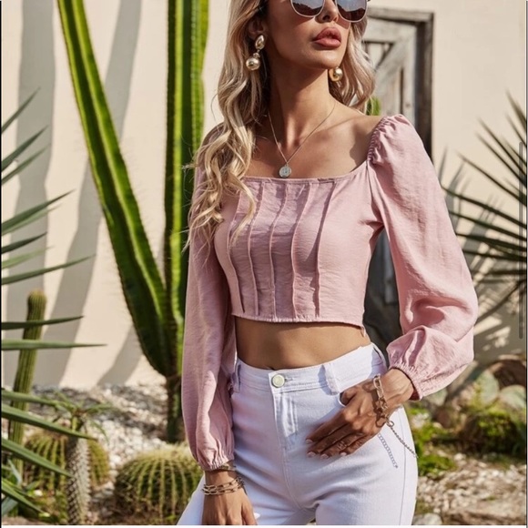 Stellar Designs Tops - 🔥HP🔥 Blush Pink Pleated Puff Sleeve Crop Top